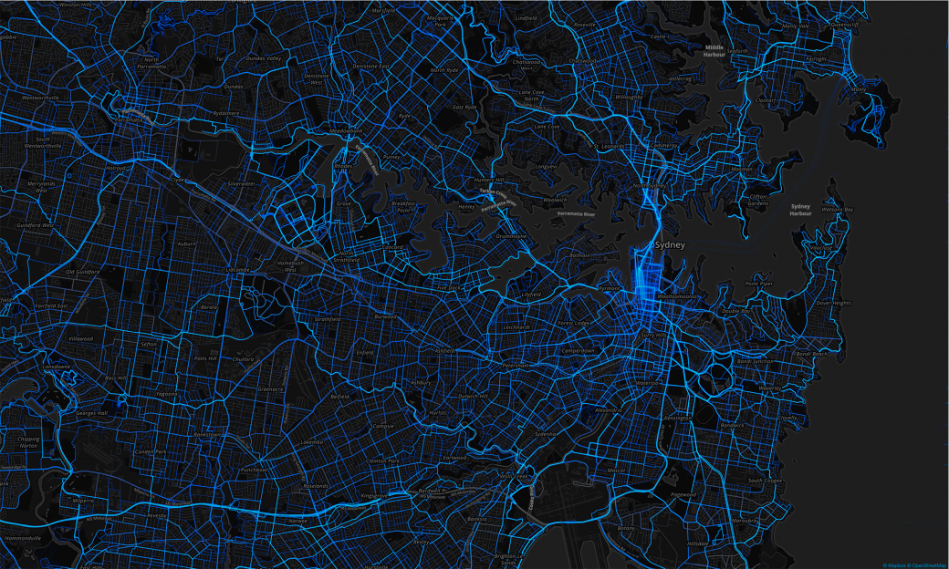 Image extrait du site Strava Head Map sur fond noir avec les lignes bleues de trackers GPS des sportifs qui apparaissent