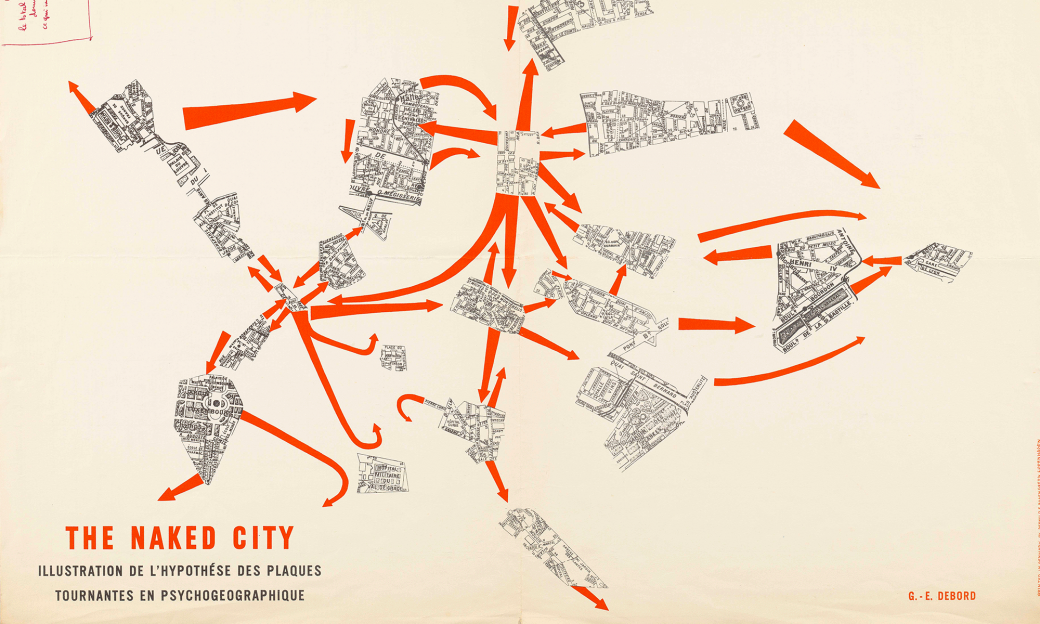 Lytographie de Guy Debord. THE NAKED CITY – Illustration de l’hypothèse des plaques tournantes en psychogeographique